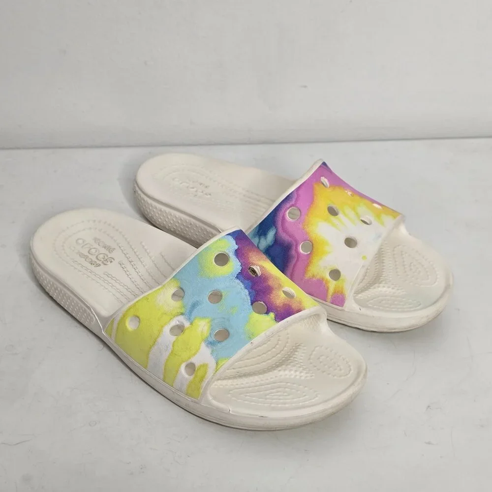 CROCS Classic Slide Kids Sandals Mens 3 /‎ Womens 5 Tie Dye Graphic White